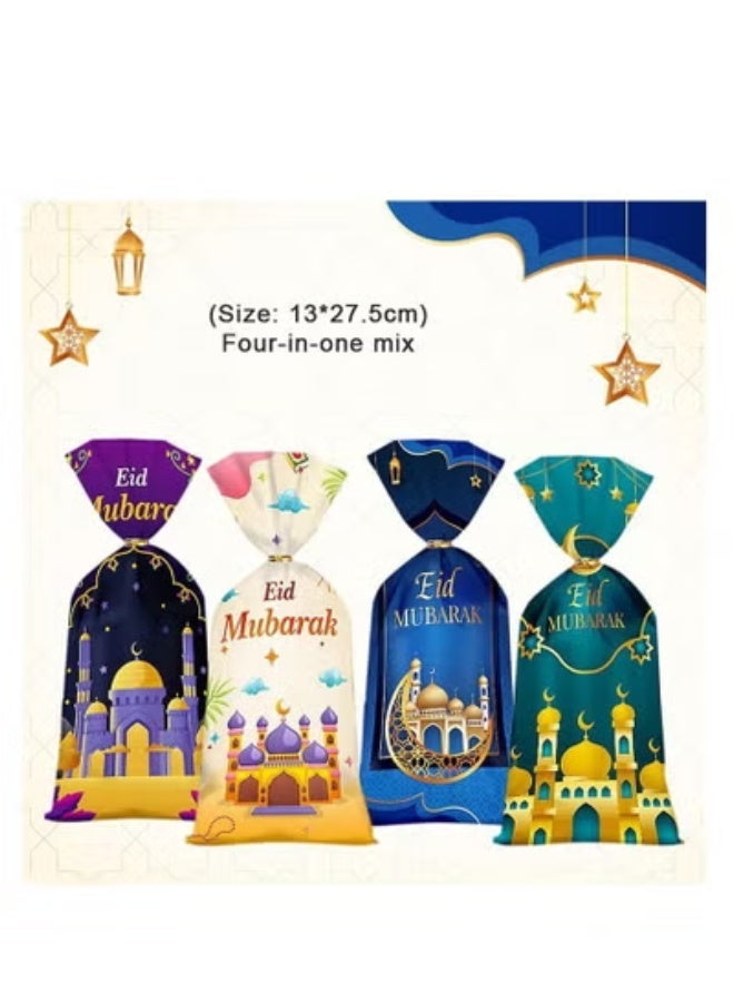 50 PCS Eid Mubarak Cellophane Bags Muslim Ramadan Cello Bags Castle Moon Goody Bag with Twist Ties Eid Mubarak Candy Bags Green Blue Treat Gift Bag for Muslim Festival Eid Party Favor - Image 4